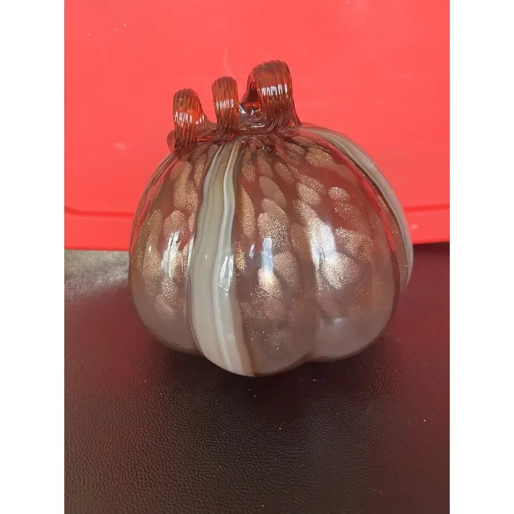 Art Glass Pumpkin Hand Blown Brown Striped Swirl Gold Stem Autumn Harvest 5